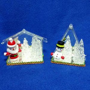 Wooden Santa and Snowman With Spun Glass Christmas Trees on Mirrors Ornaments